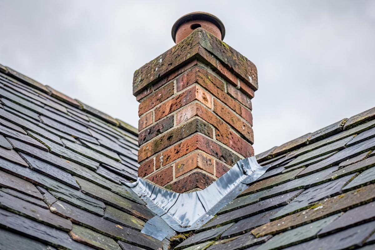 Brick chimney stack on a slate roof with lead flashing and pointed joints