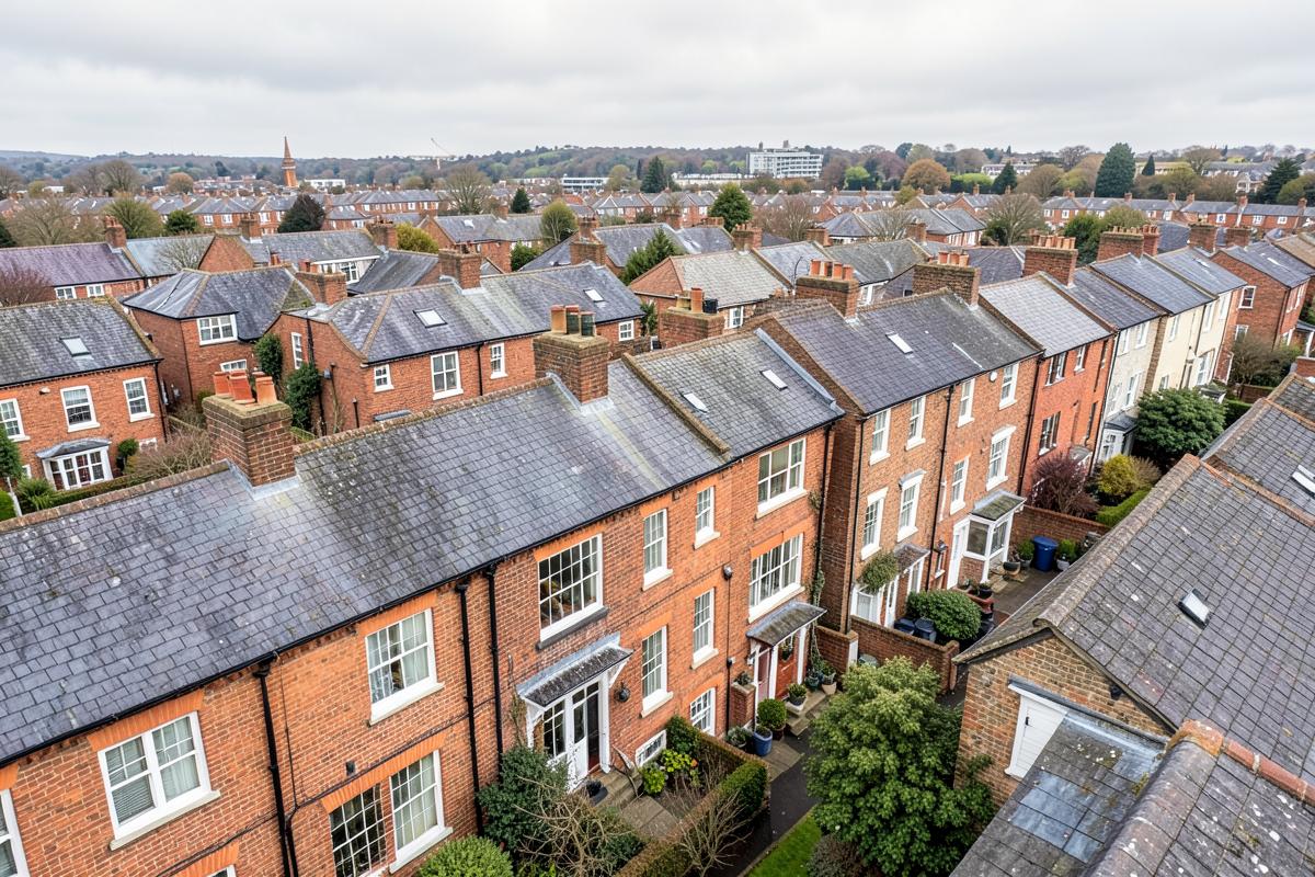 Rooftops of Dublin houses with slate roofs and chimney stacks