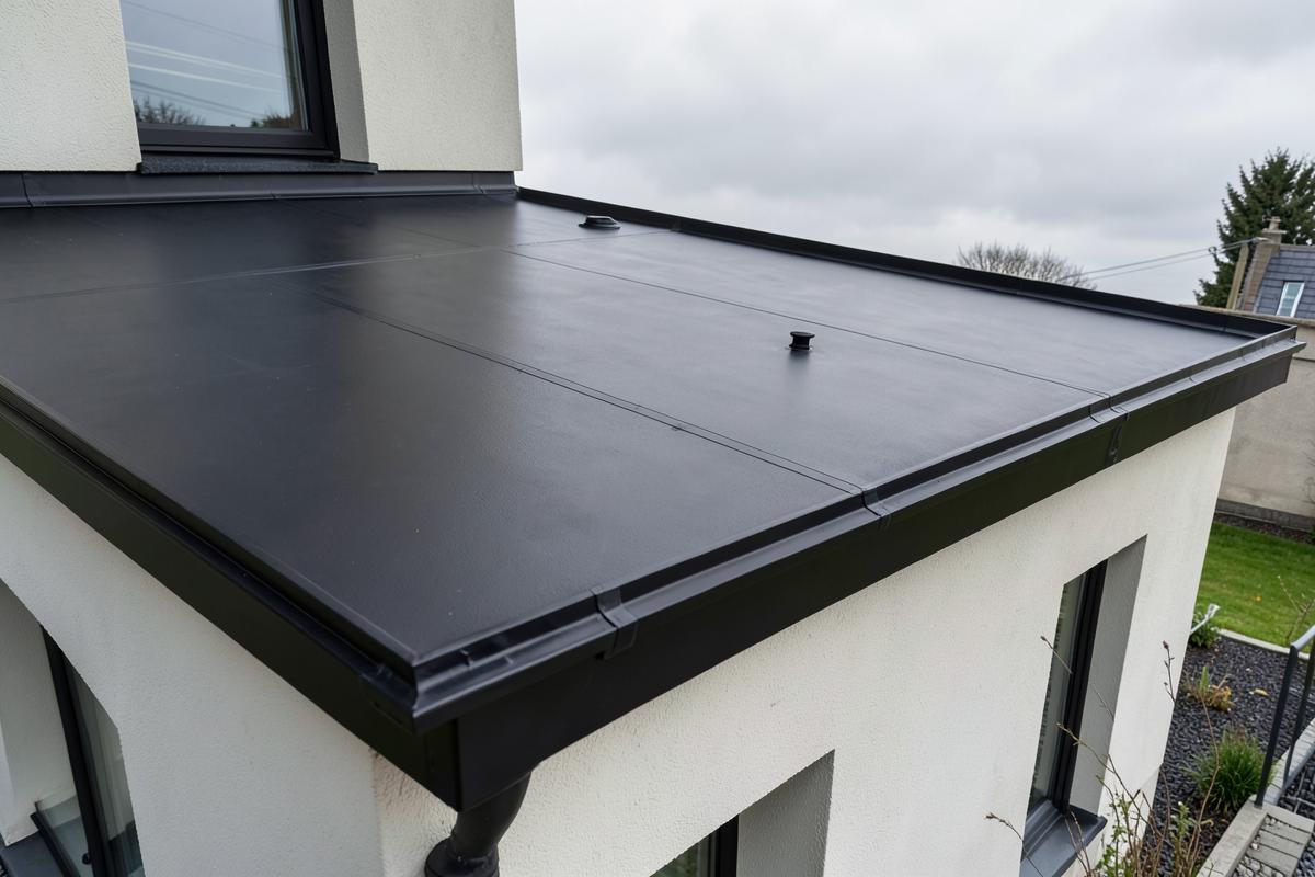 Black EPDM rubber flat roof on a house extension