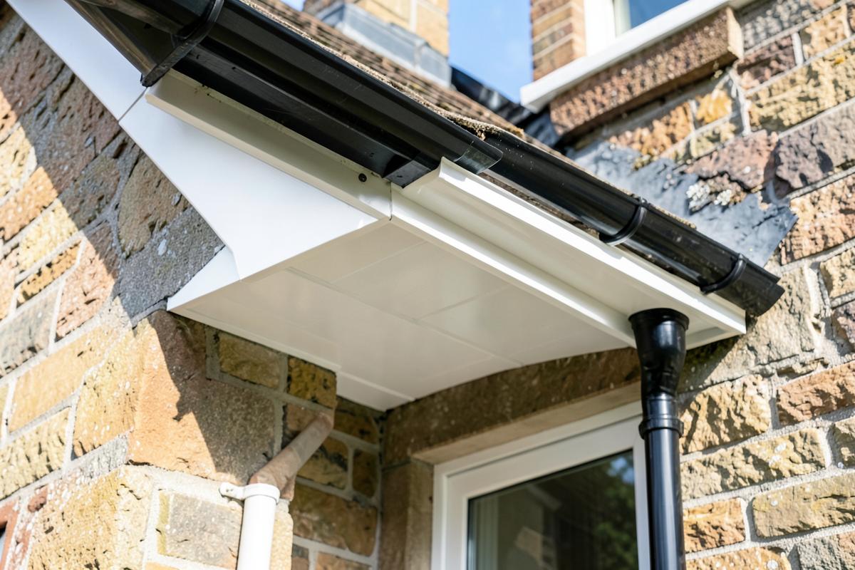 New white fascia and soffit boards with black guttering at the roofline