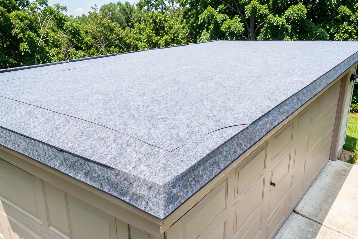 Mineral-finish felt flat roof covering on a garage