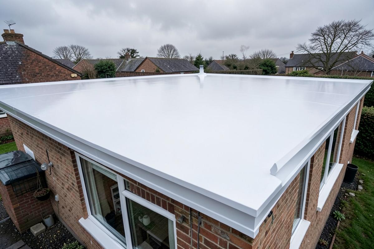 White GRP fibreglass flat roof with seamless resin finish and edge trim