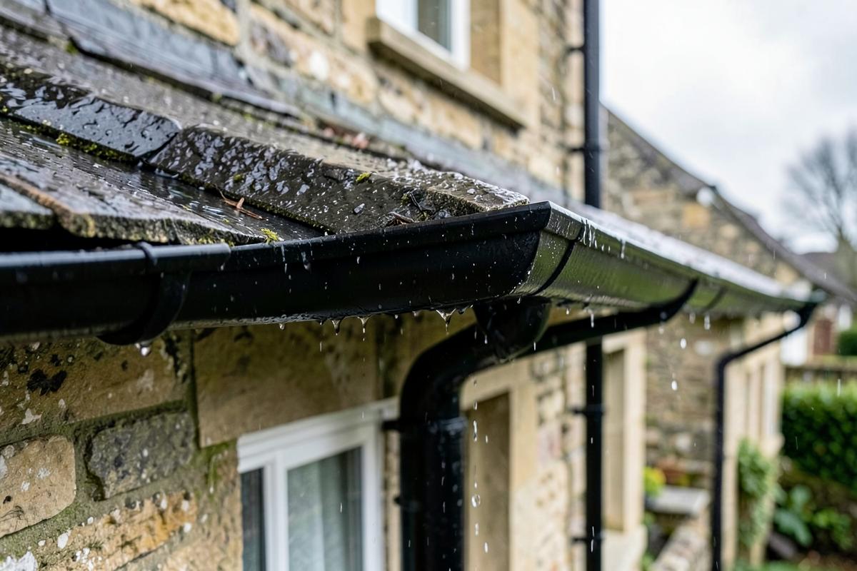 Black gutter and downpipe along the eaves of a house during rain