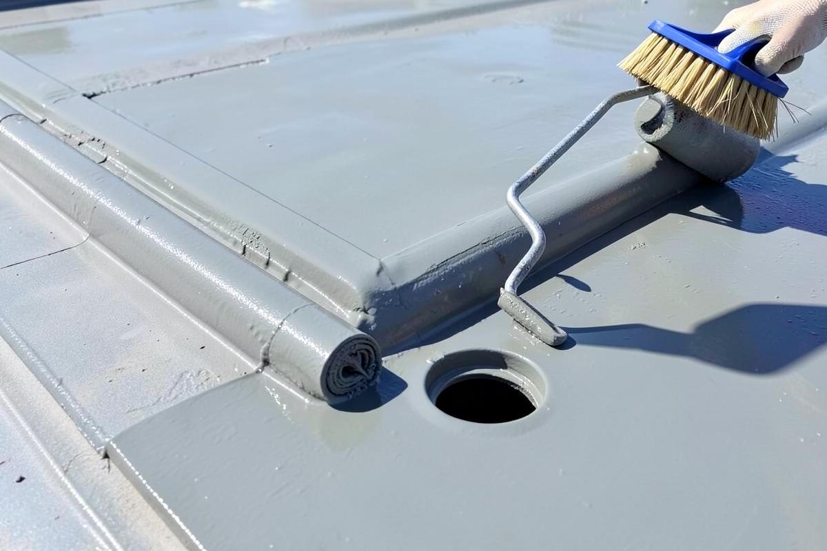 Liquid waterproofing membrane applied around a flat roof outlet and upstand