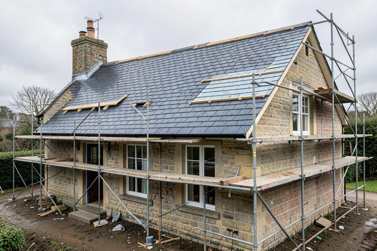 House under scaffolding with a newly installed slate roof