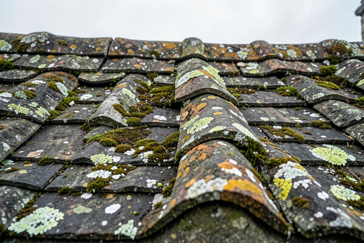 Weathered roof covering with moss, lichen and perished ridge mortar