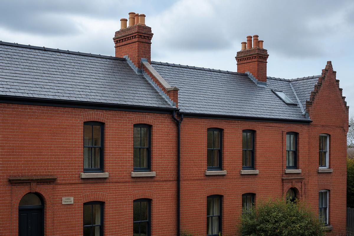 Natural slate roof, lead detailing and chimney stacks on a Victorian red-brick terrace