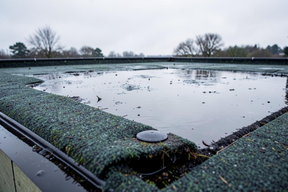 Water standing in a pond on a flat roof after heavy rain