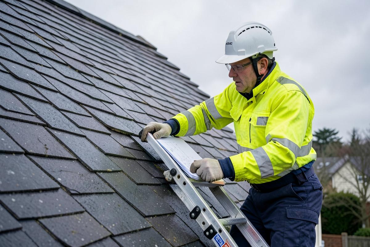Roofer inspecting a slate roof safely from a secured ladder
