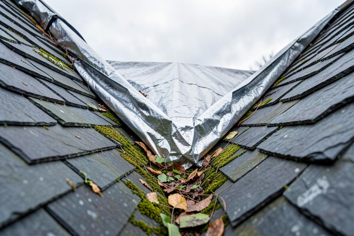 Lead-lined roof valley between two slate roof slopes with leaves gathering