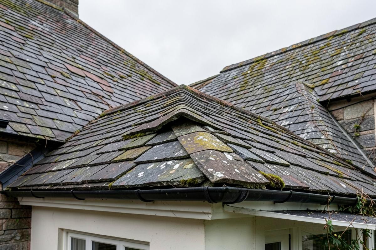 Old pitched roof with a visible dip along the ridge line