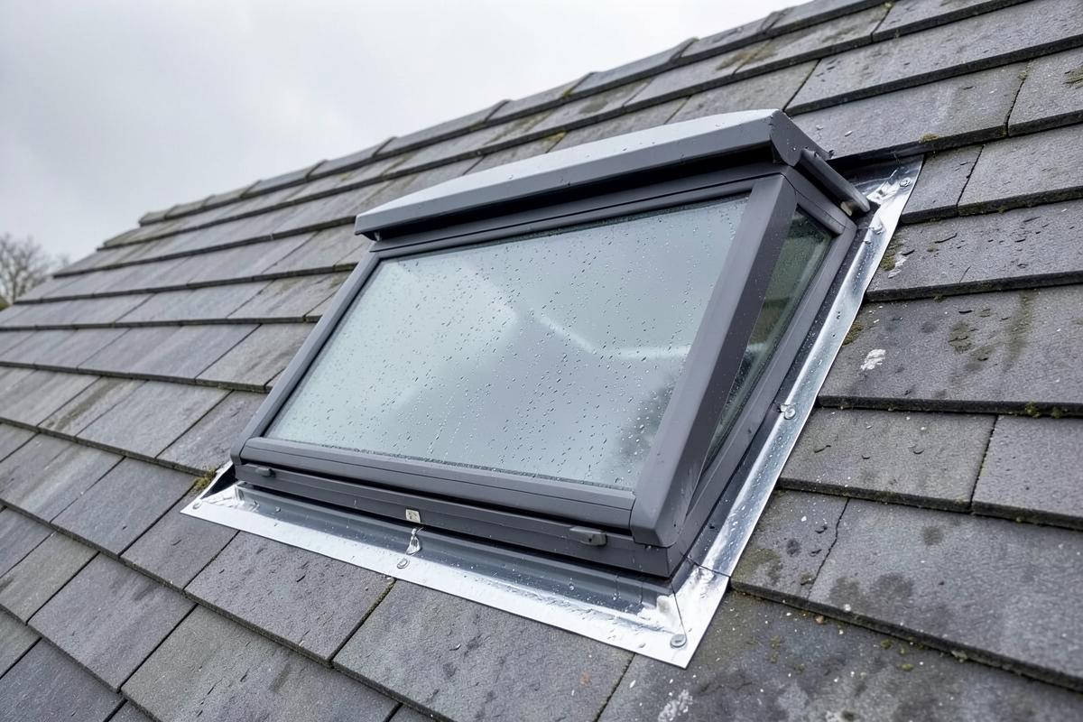 Roof window set into a tiled pitched roof with flashing around the frame