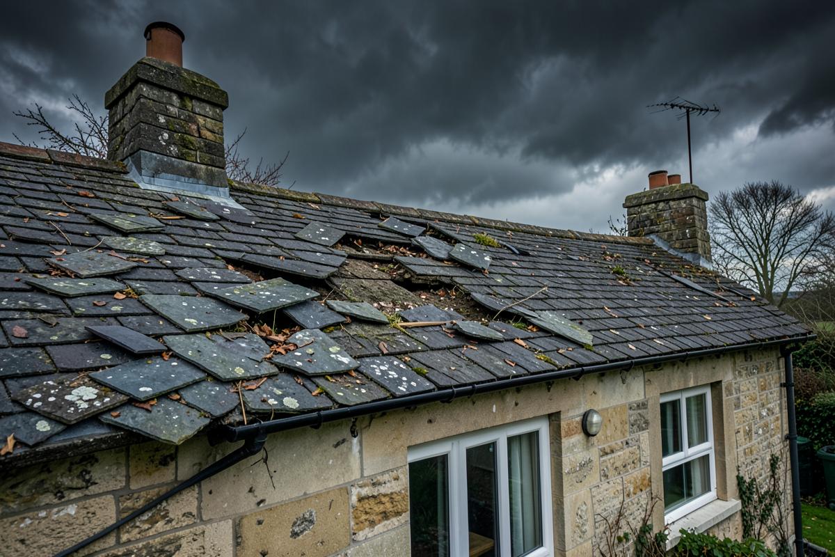 Storm-damaged roof with slates blown off under a dark sky