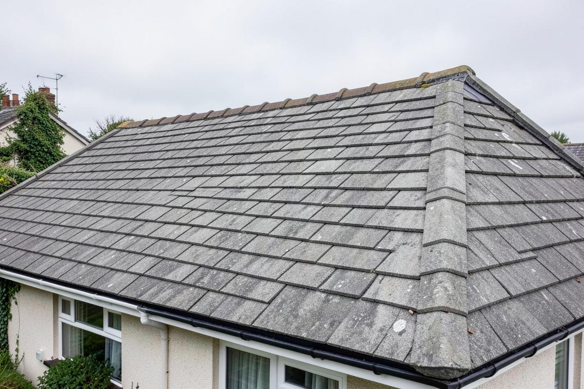 Concrete tiled pitched roof with ridge tiles on a suburban house